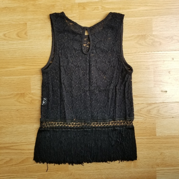 DULCIE Anthropologie black sleeveless lace tank top with black fringe M - Picture 4 of 8